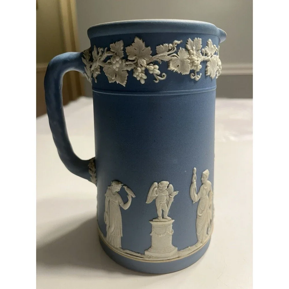 Antique 1891-1908c Wedgwood Blue Jasperware 6” Pitcher